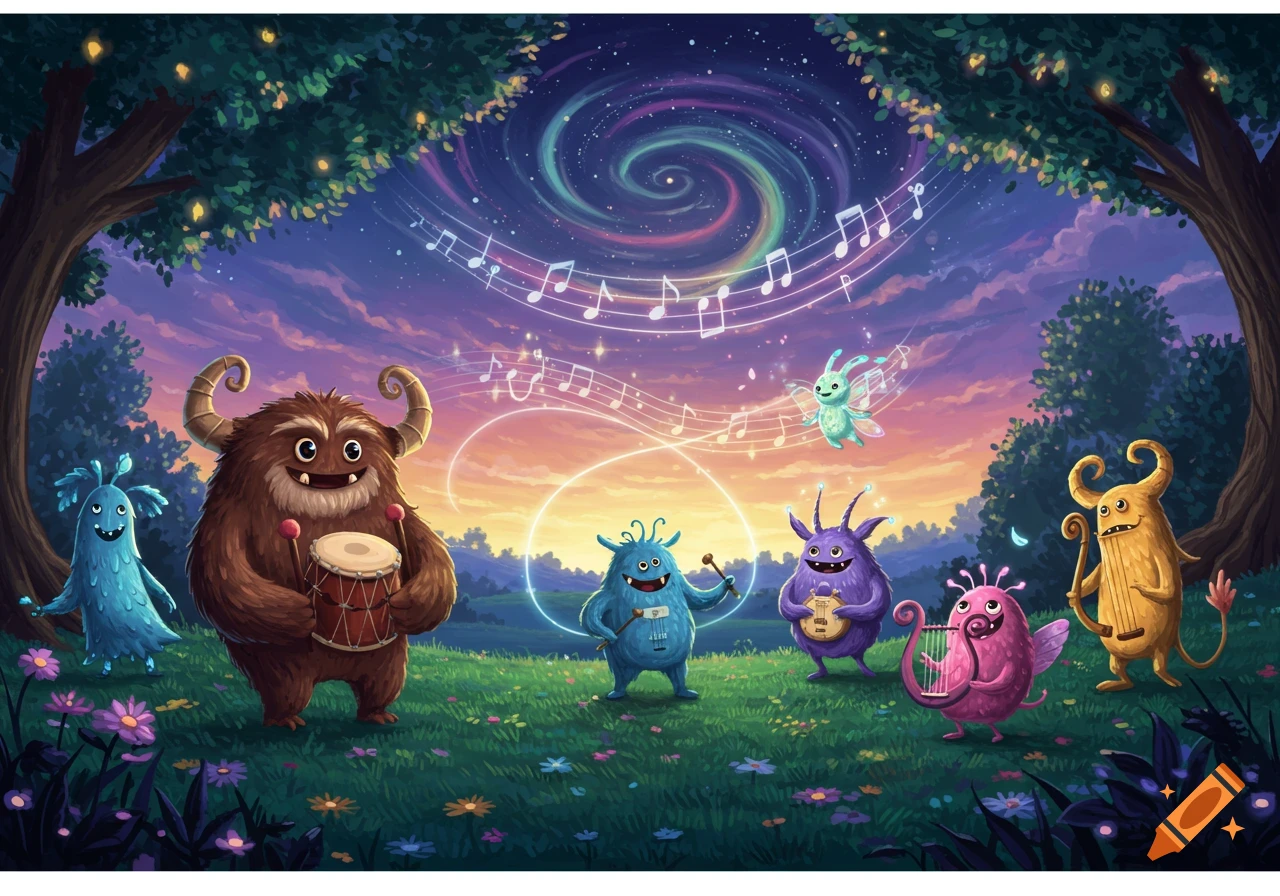 Cute cartoon monsters play various musical instruments under a swirling, starlit sky in a magical forest at sunset.