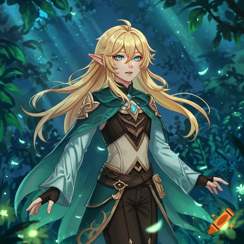 An anime-style elf with blonde hair and blue eyes, wearing a green cloak, stands in a dark, magical forest with glowing plants.