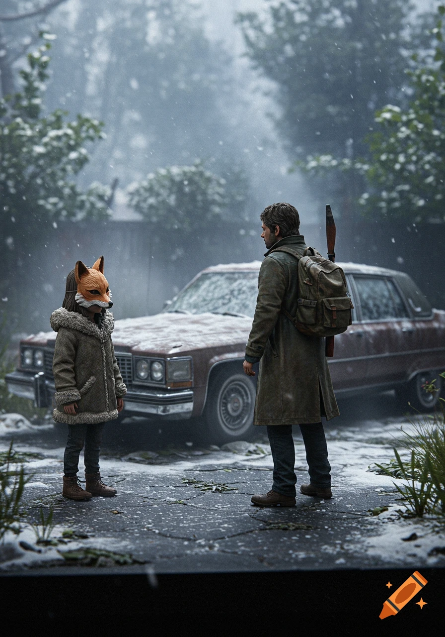 A man and a child in a fox mask face each other in a snowy, post-apocalyptic scene with an old car behind them, photorealistic.