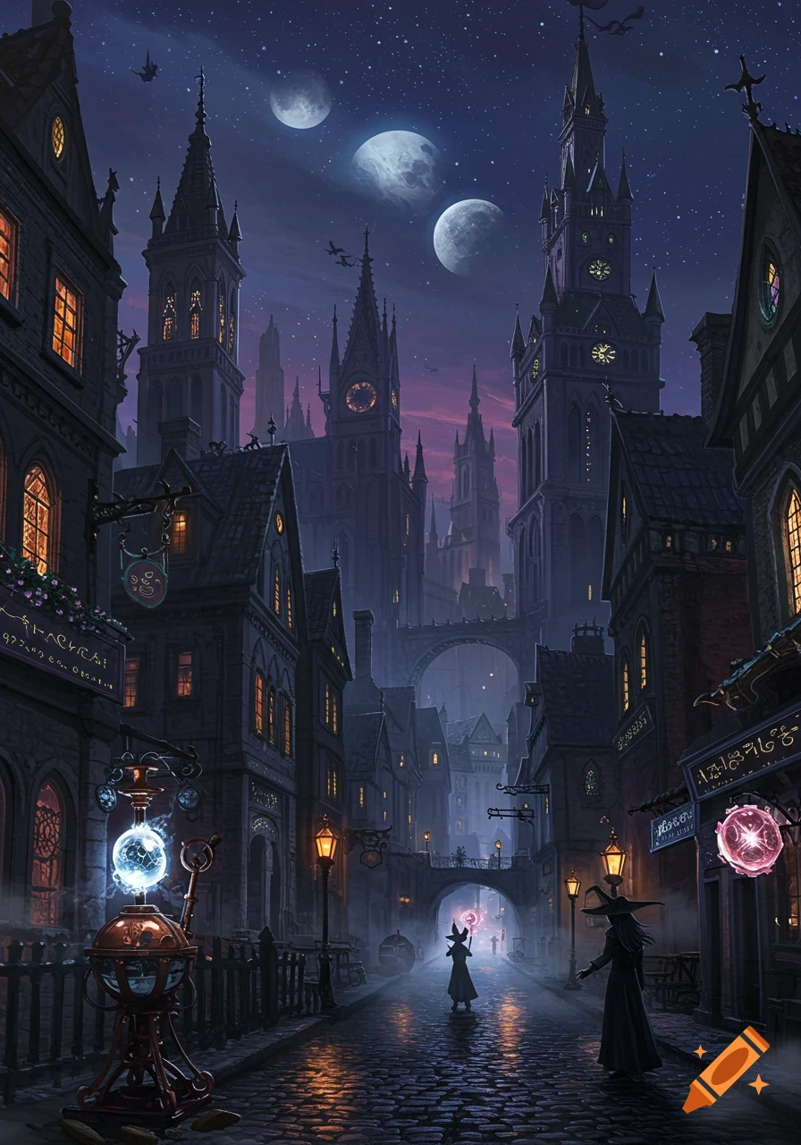 A dark fantasy witch city at night with gothic architecture, glowing street lamps, two witches on a cobblestone street, and three moons in the sky.