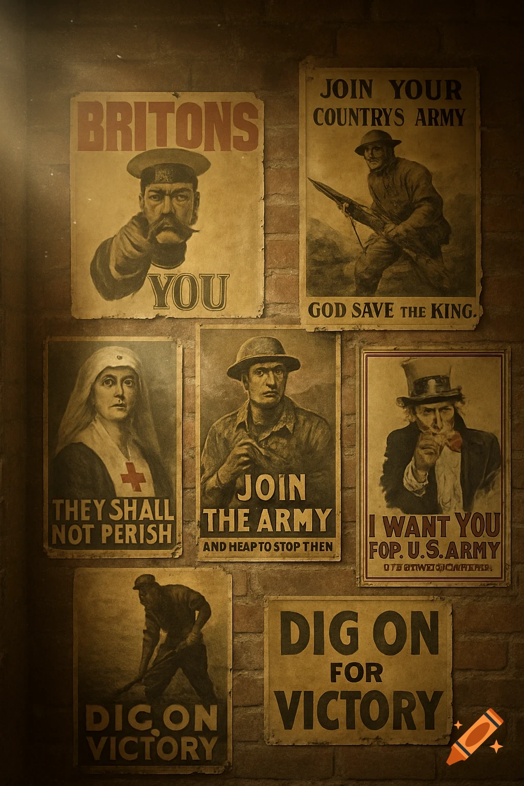 A dark, atmospheric image of several distressed World War I propaganda posters plastered onto a brick wall.