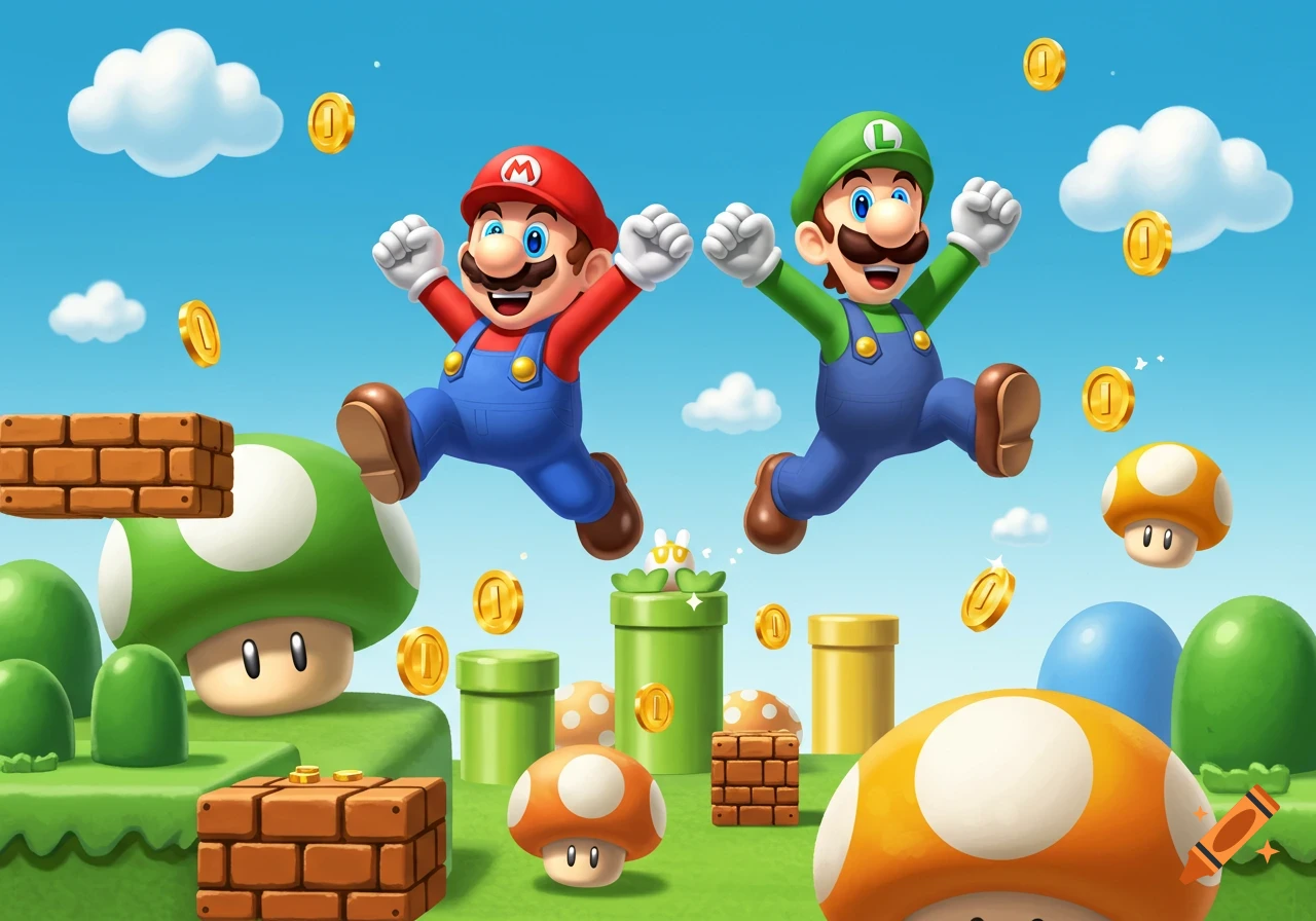 Mario and Luigi jump in a vibrant cartoon Super Mario Bros. landscape with floating gold coins, green pipes, and mushrooms.