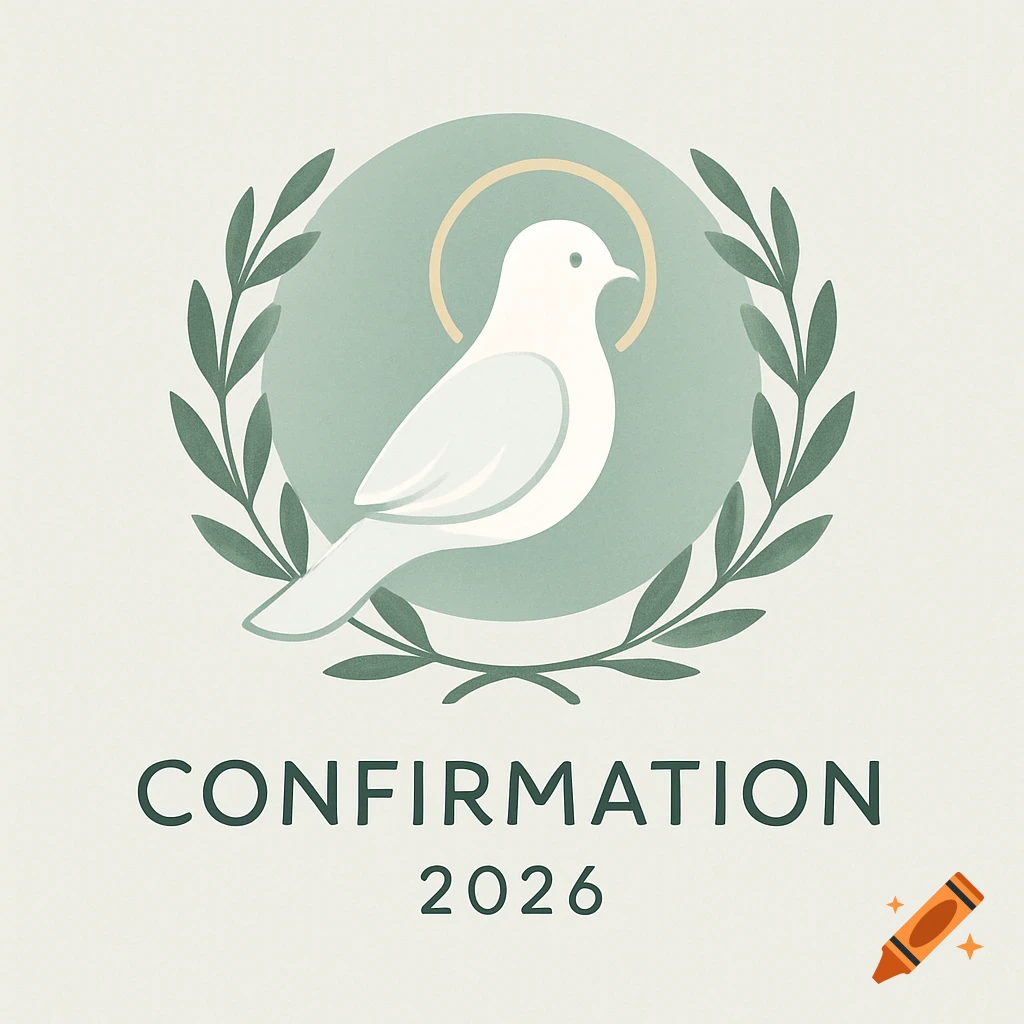 A minimalistic logo featuring a white dove with a golden halo, framed by an olive wreath, above the text "CONFIRMATION 2026".