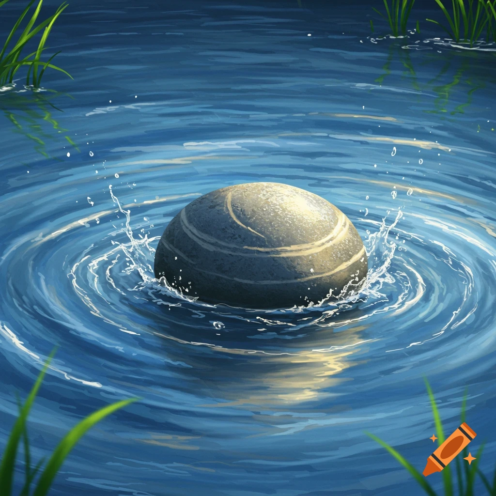 An illustrative image of a smooth, round grey stone breaking the surface of blue water, creating ripples and splashes. Green grass is visible at the edges.