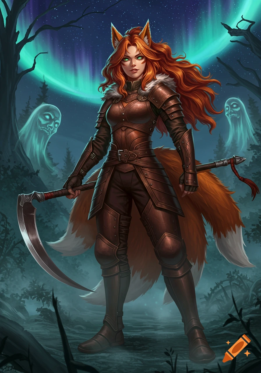 A red-haired kitsune warrior in leather armor holds a scythe in a dark forest with green aurora borealis and two ghosts, digital fantasy art.