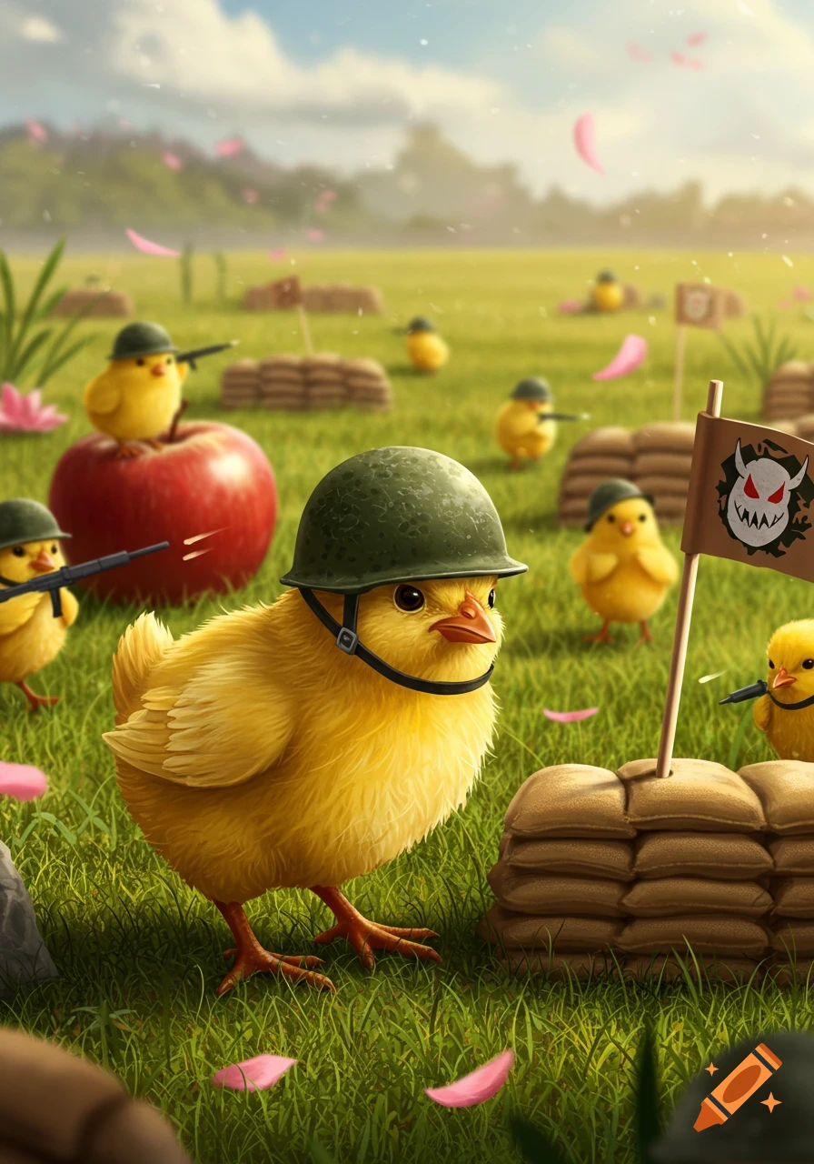 Cute cartoon chicks in military helmets and rifles on a grassy battlefield with sandbags and a flag.
