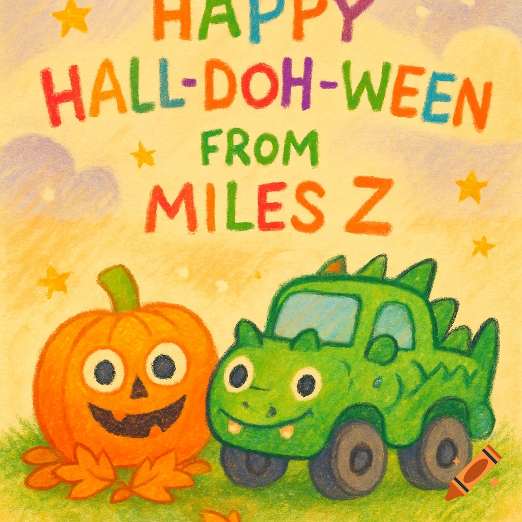 A colorful crayon drawing of a smiling pumpkin and a green dinosaur monster truck, with "Happy Hall-doh-ween from Miles Z" written above.