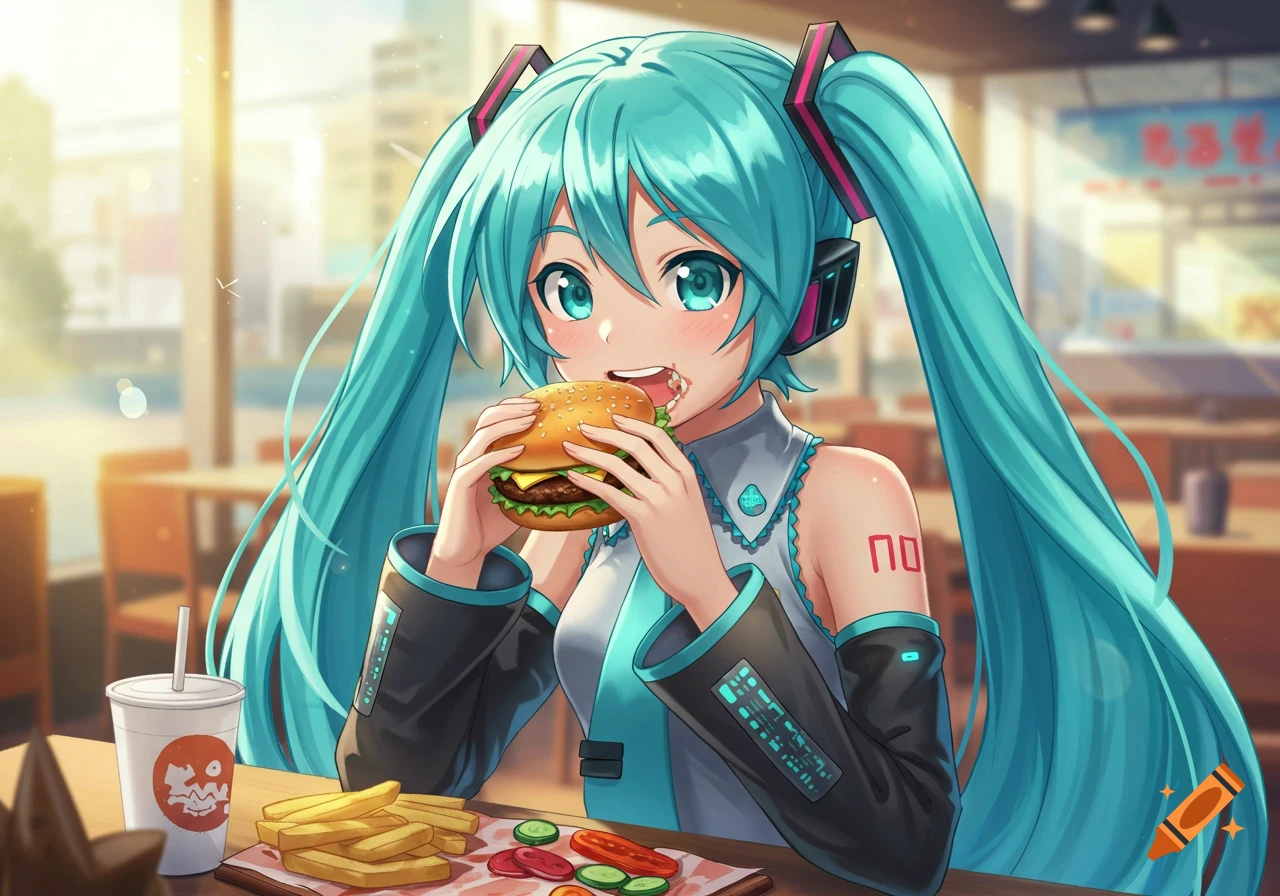 Hatsune Miku, an anime girl with long turquoise pigtails, bites into a hamburger at a restaurant table with fries and a drink.