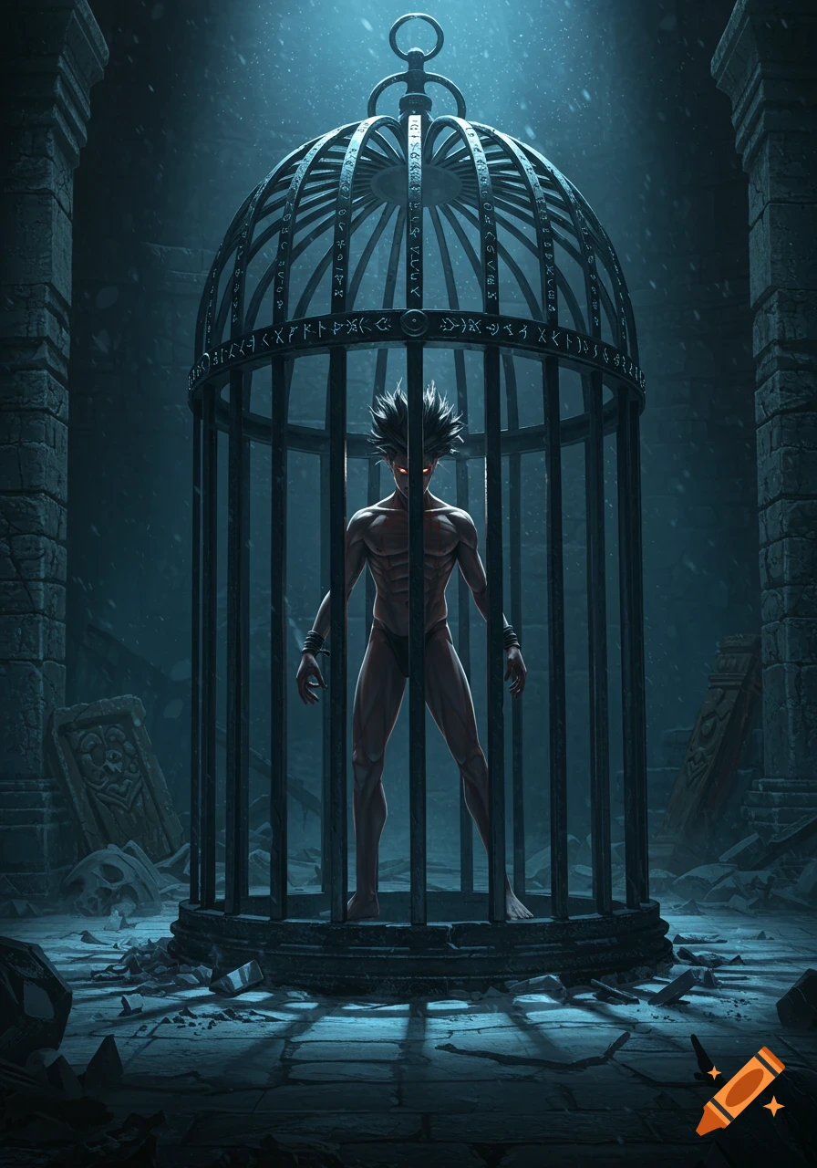 Anime-style male with spiky hair and glowing eyes, in a loincloth, trapped in a dark metal cage in a ruined dungeon.