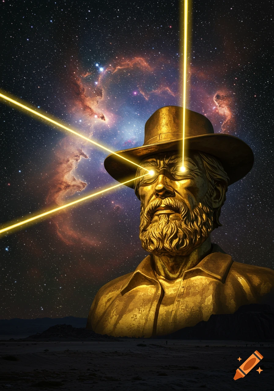 A large golden statue of a bearded man in a hat with laser eyes, shooting beams into a vibrant nebula-filled space over a barren landscape.