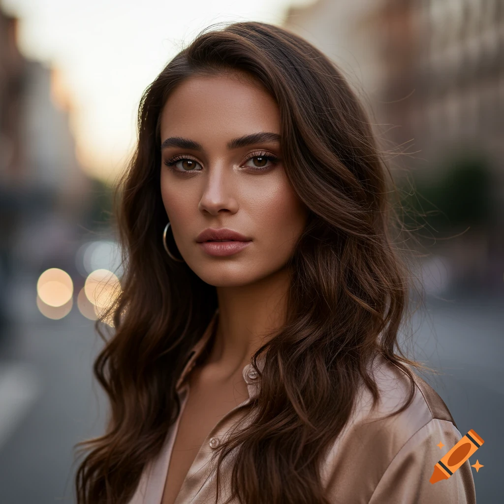 A beautiful young woman with long wavy brown hair and light makeup looks directly at the viewer in a photorealistic street portrait.
