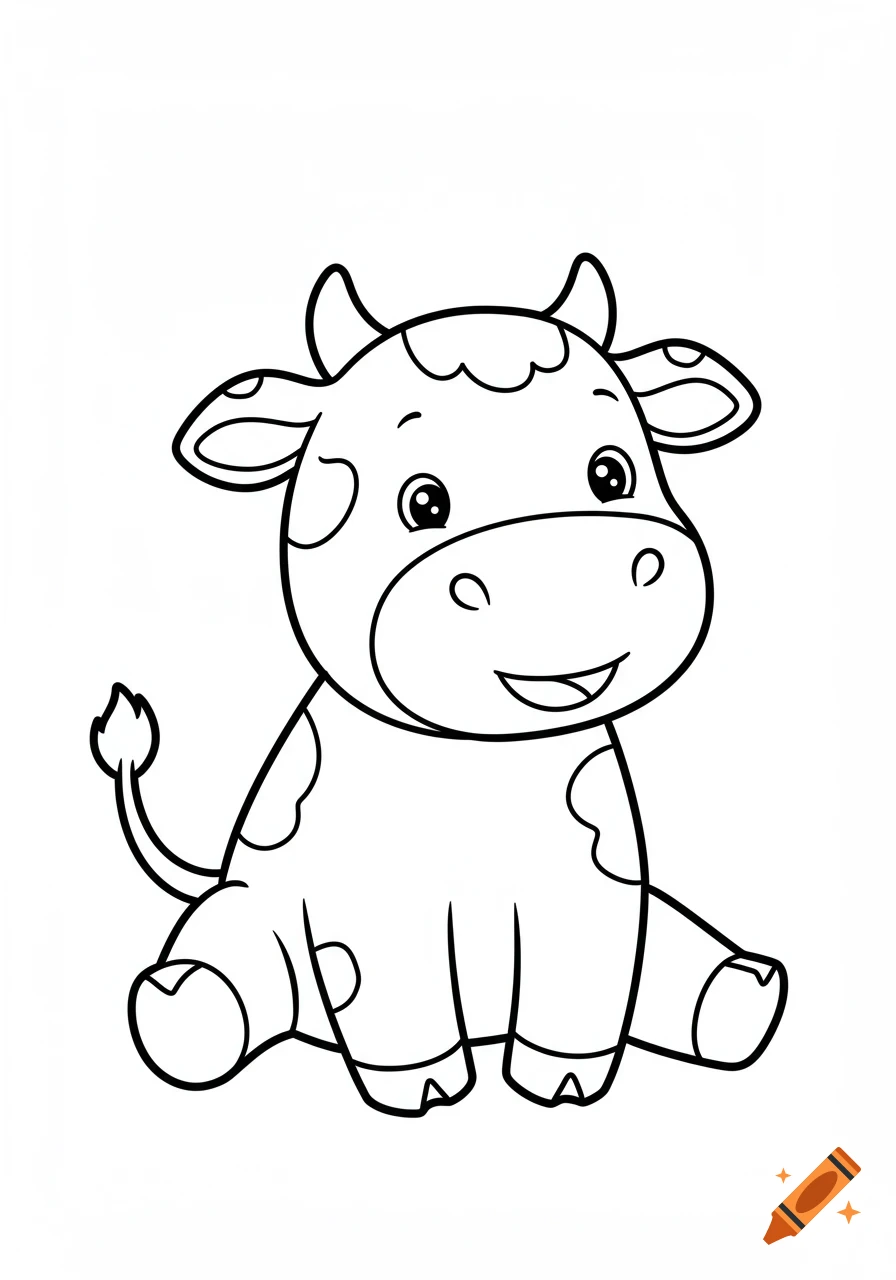 A cute cartoon cow sitting, depicted in simple line art on a white background, in a coloring book style.