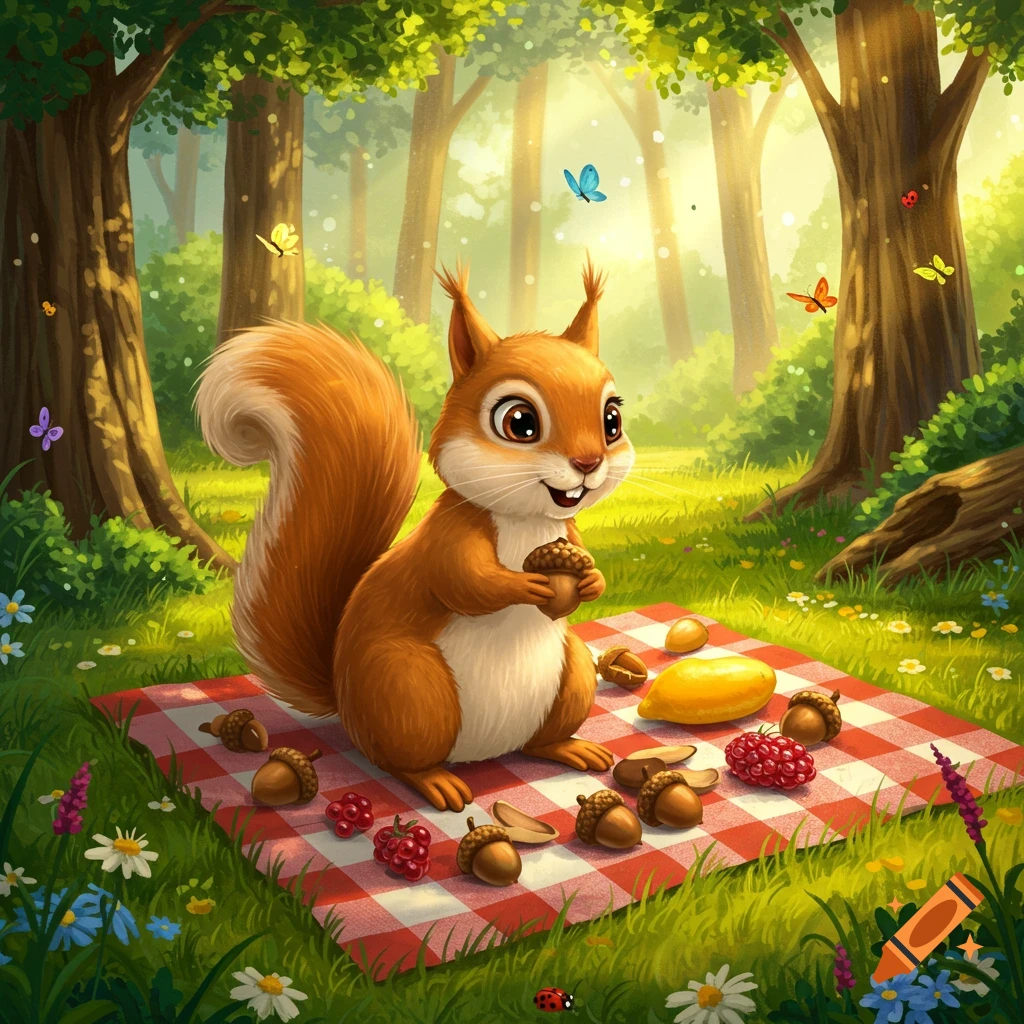 Cartoon squirrel sits on a red and white picnic blanket in a sunny forest, holding an acorn, surrounded by nuts and berries.