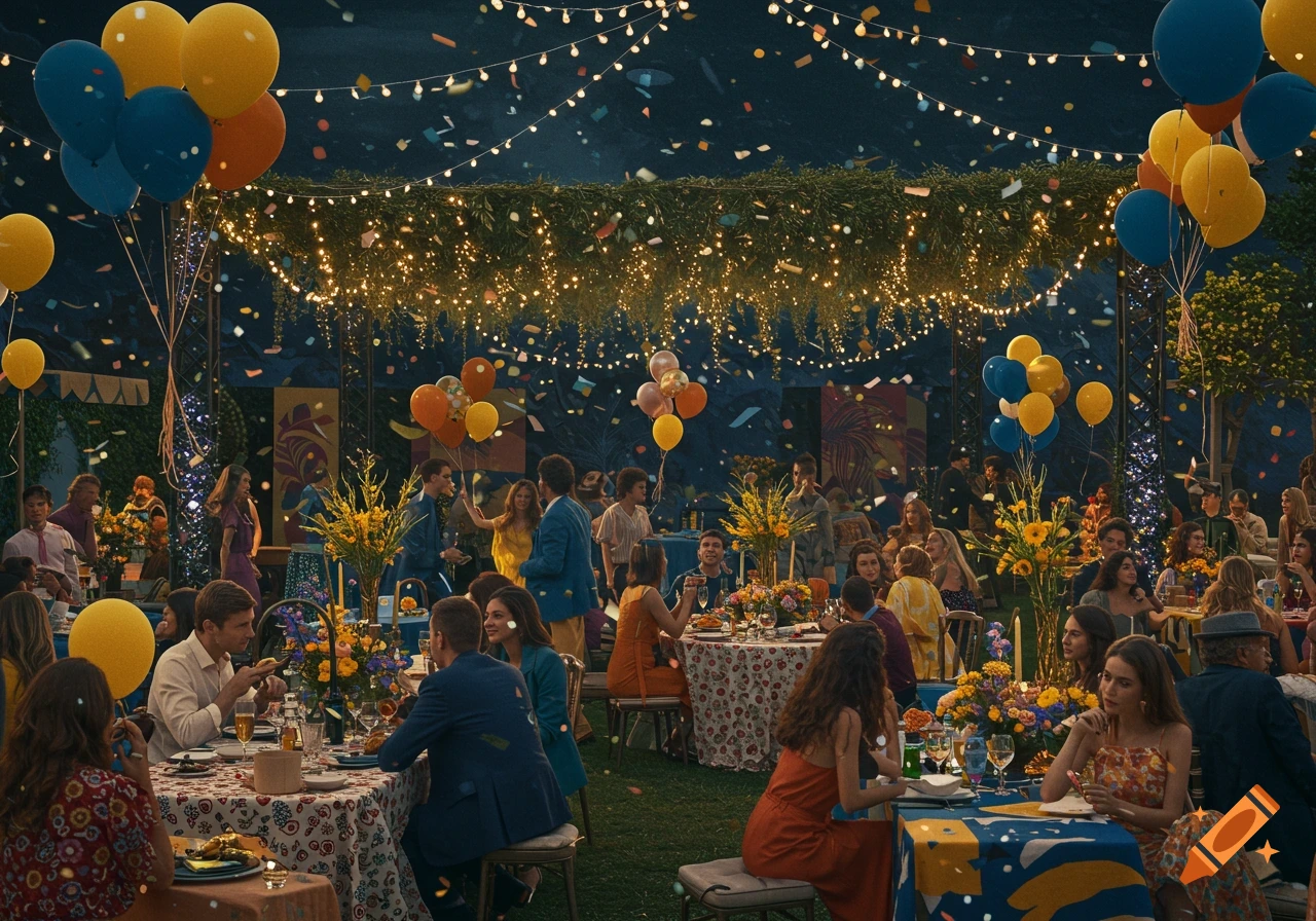 A vibrant outdoor party scene at night, filled with many diverse people, string lights, balloons, and colorful confetti falling.