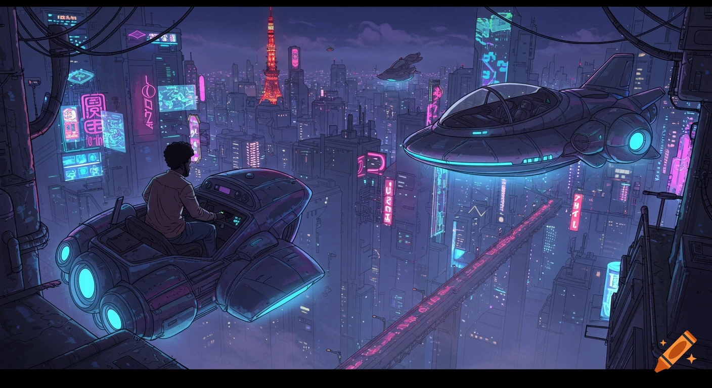 Comic illustration of a Black man in a flying vehicle over a neon-lit futuristic Tokyo-inspired city at night.