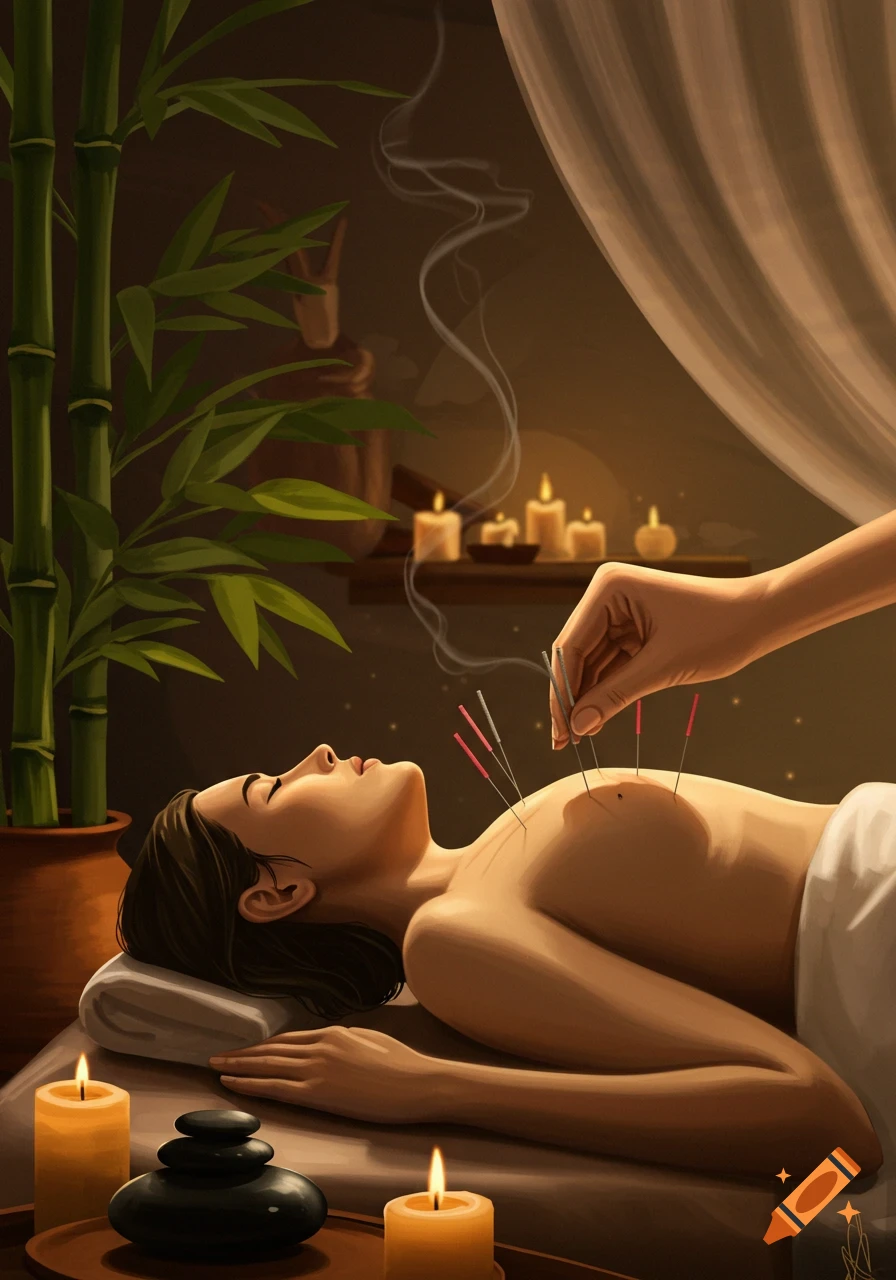 An illustrative scene of a woman lying on a spa table, receiving acupuncture from a hand, surrounded by candles, bamboo, and stacked stones.