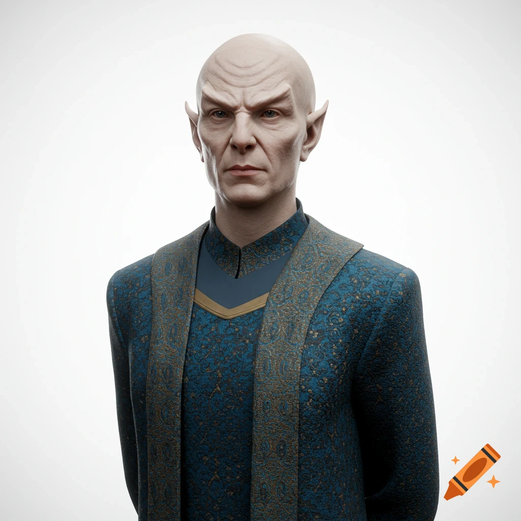 A photorealistic portrait of a bald Vulcan with pointed ears and a stern expression, wearing a patterned blue and gold robe against a white background.