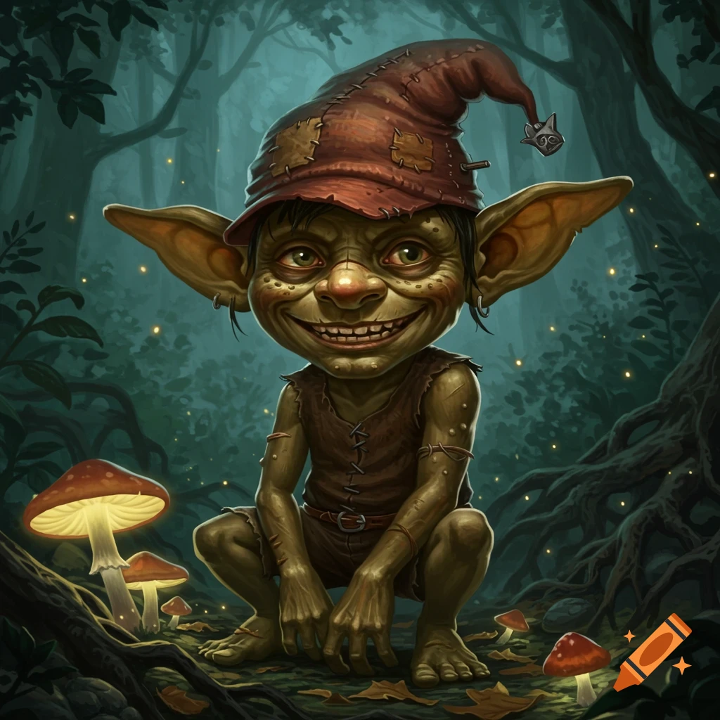 A creepy, green-skinned goblin with a patched hat and sharp teeth crouches in a dark, magical forest with glowing mushrooms, digital art.