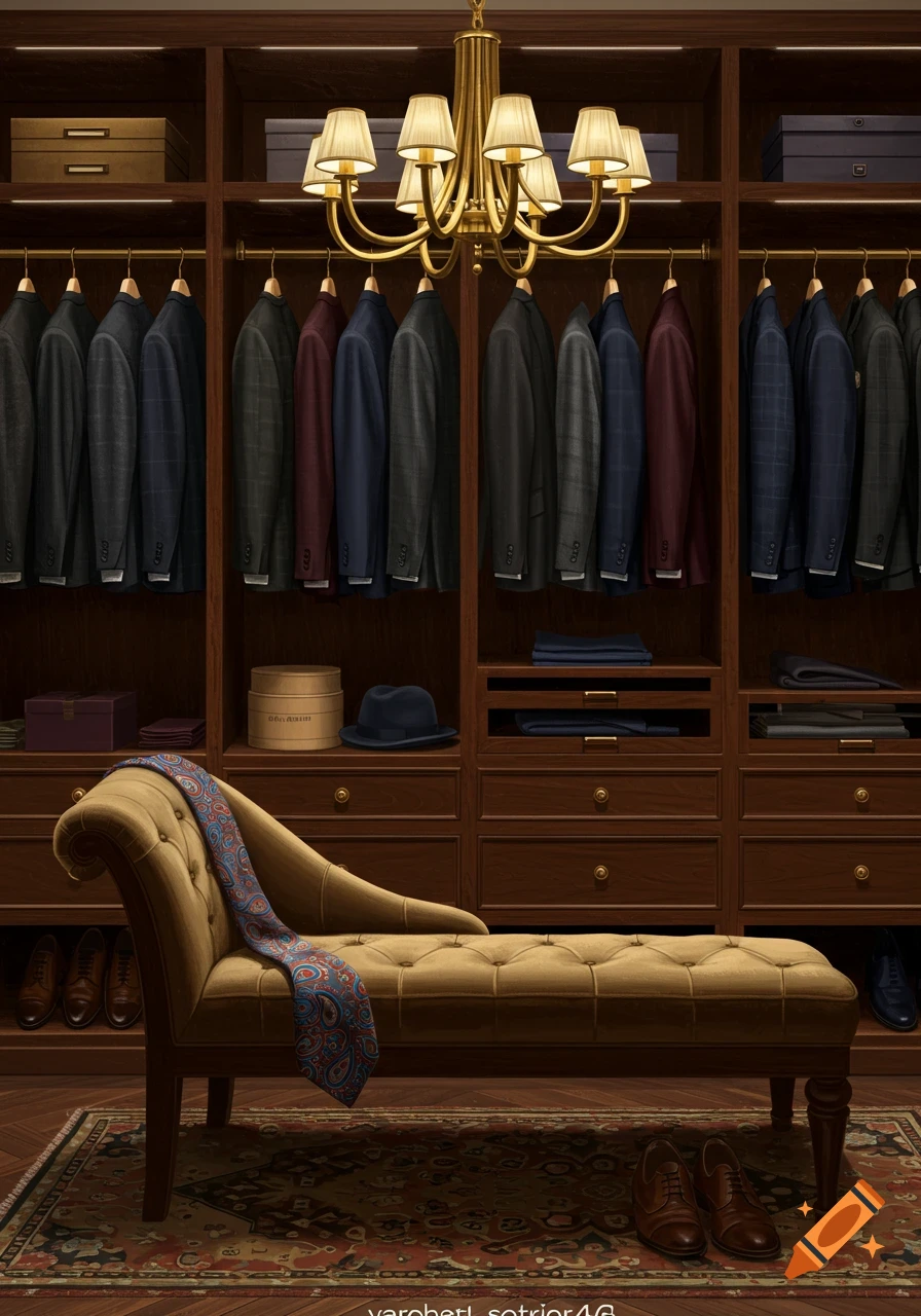 A luxurious walk-in closet featuring tailored suits, a gold chandelier, a velvet chaise lounge, and dress shoes on a patterned rug.