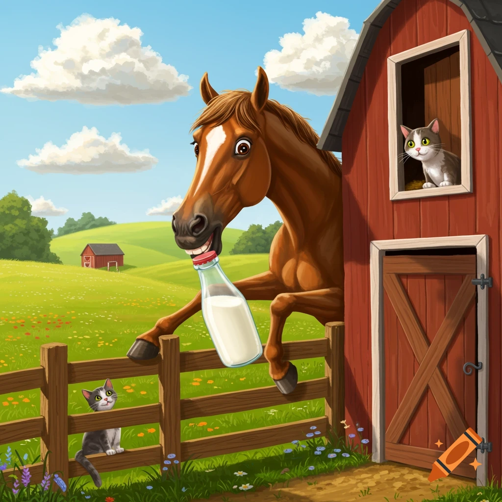 A cartoon horse with a milk bottle in its mouth leans over a fence, watched by two cats in a sunny farm scene.