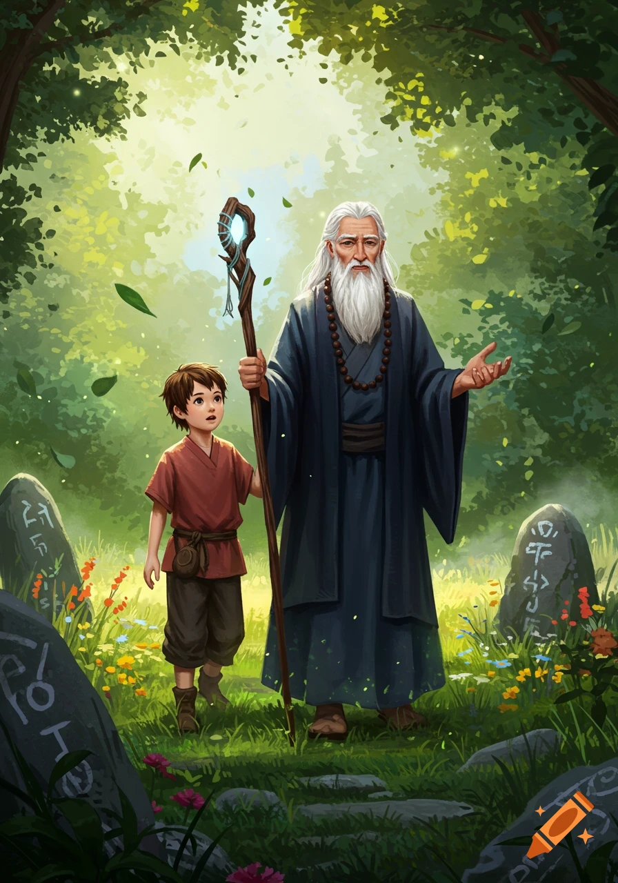 An old man with a staff leads a young boy through a sunlit, magical forest with ancient inscribed stones.