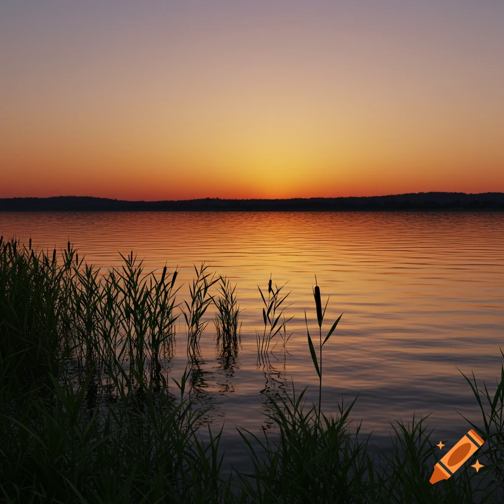 Photorealistic sunset over a calm lake with reeds silhouetted against the vibrant orange and purple sky.