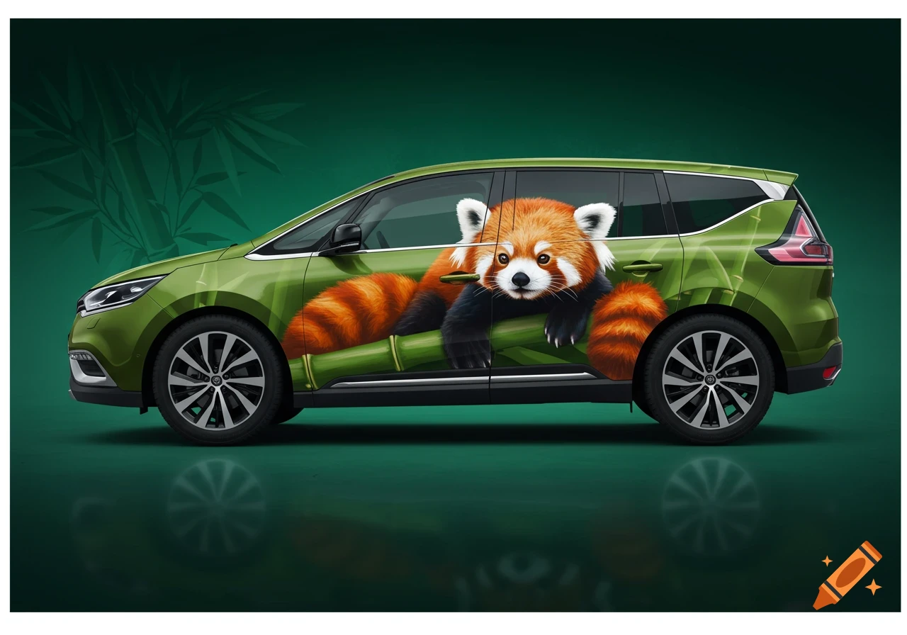 Green minivan with a large red panda graphic wrapped around its side, showing the panda lounging on bamboo.