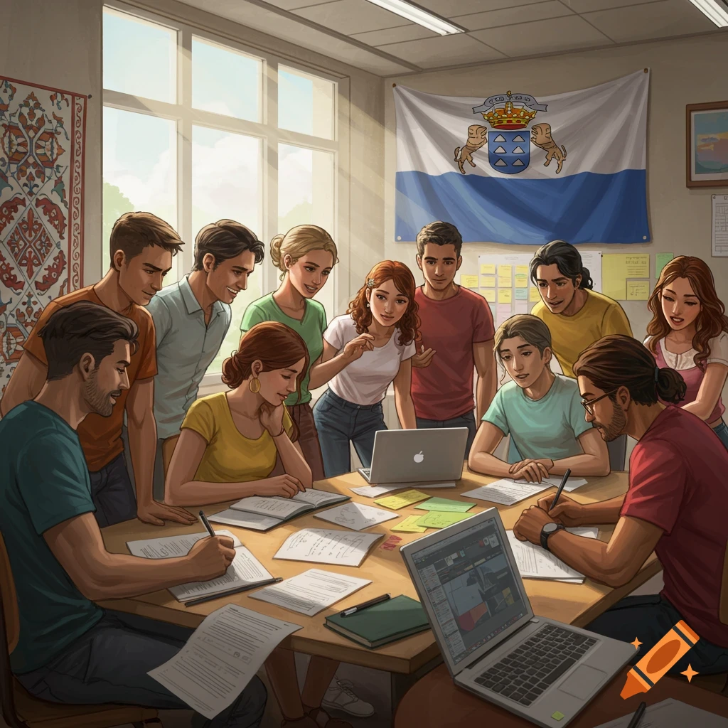 A diverse group of adults of Hispanic features gathered around tables in a brightly lit classroom, working on laptops and documents, with a Canary Islands flag on the wall.