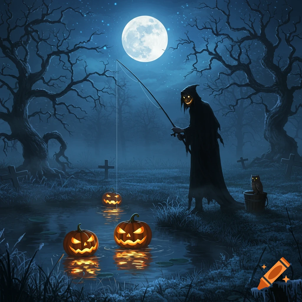 A grim reaper fishes for glowing jack-o'-lanterns in a spooky pond under a full moon in a graveyard, with an owl nearby.