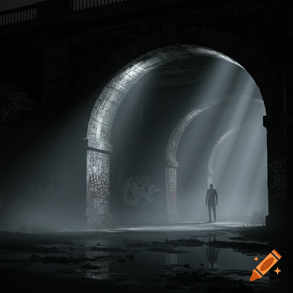 A mysterious silhouette stands under a dark, foggy bridge, illuminated by ethereal light beams cutting through the mist.