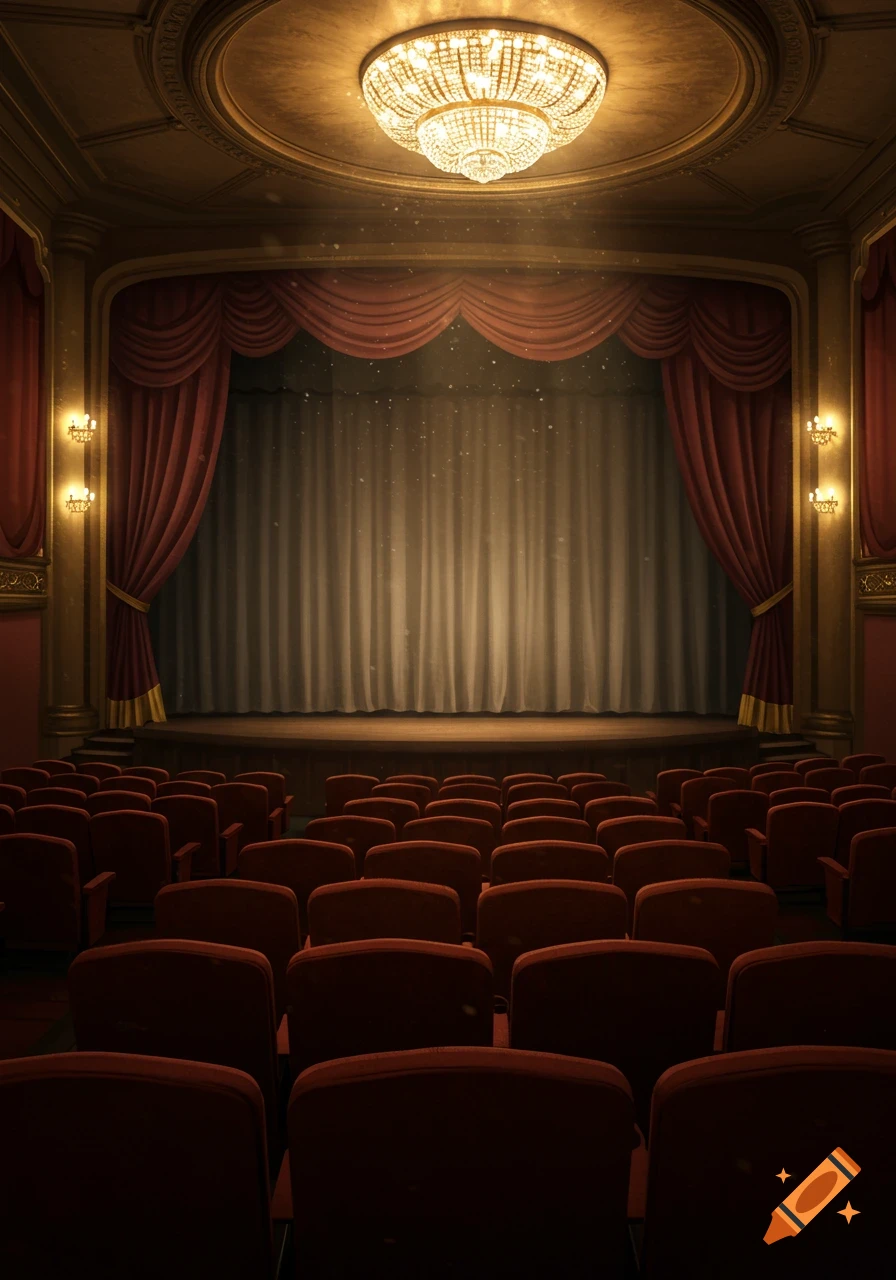 An empty, elegant theater interior with rows of red velvet seats facing a stage with closed red and cream curtains, beneath a grand chandelier.