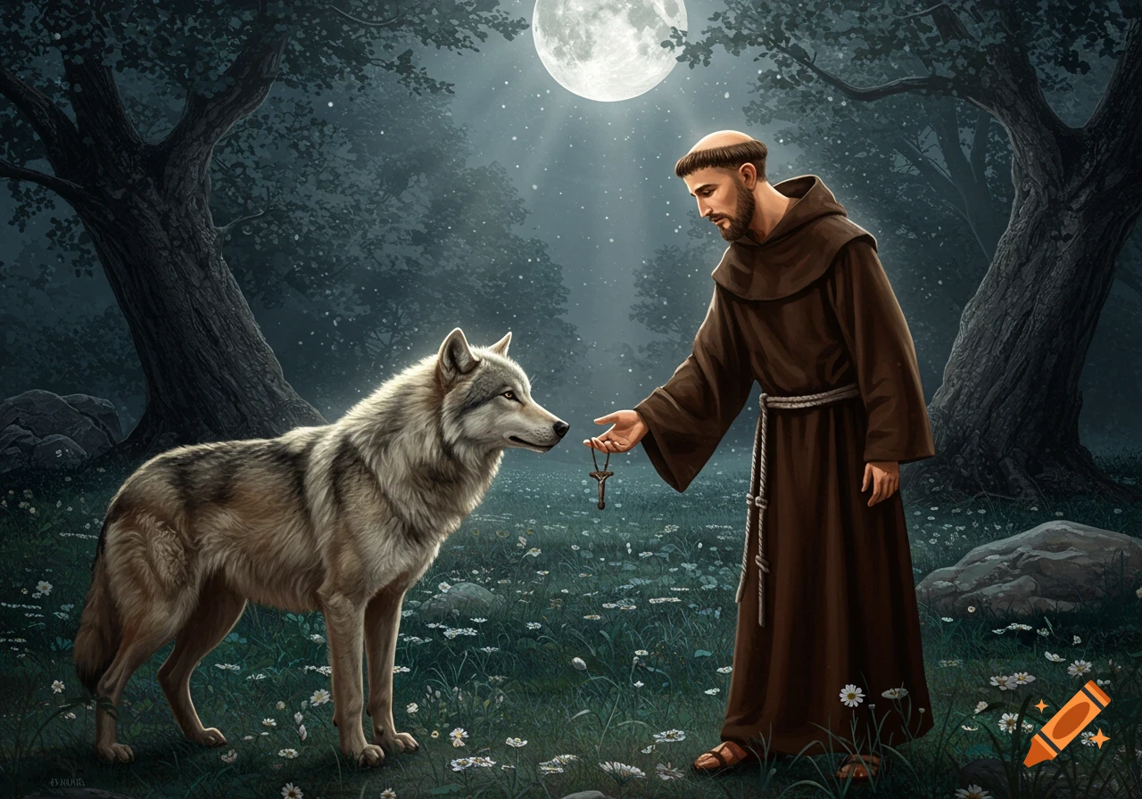 A friar in brown robes offers a small crucifix to a wolf in a moonlit forest with white flowers.