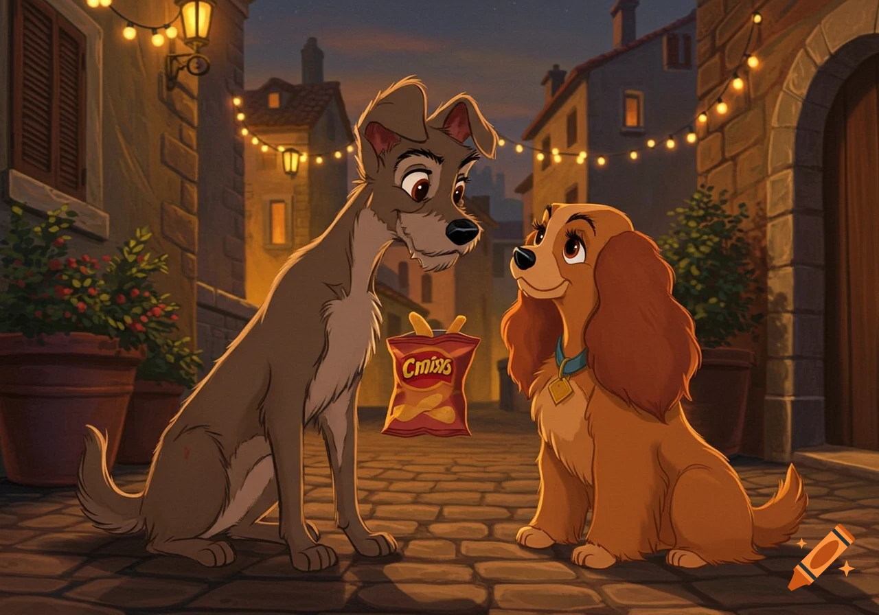 Cartoon Lady and Tramp dogs on a cobbled street at night, Tramp offering Lady a bag of chips under string lights.