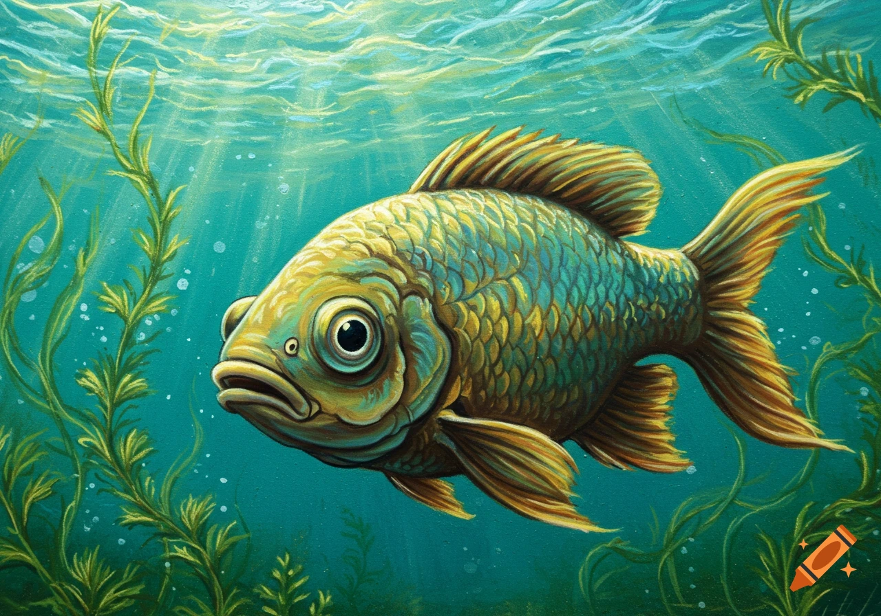 A stylized wax pastel painting of a vibrant fish underwater, casting a judgmental side-eye amidst green plants and sunlight.