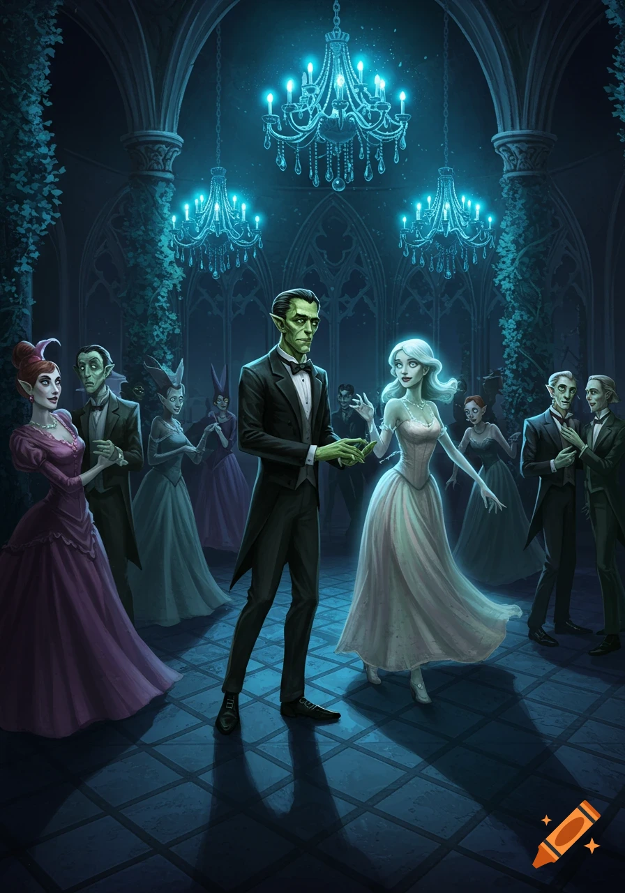 Stylized illustration of a green-skinned man and a ghostly woman dancing at a gothic monster ball under glowing chandeliers.