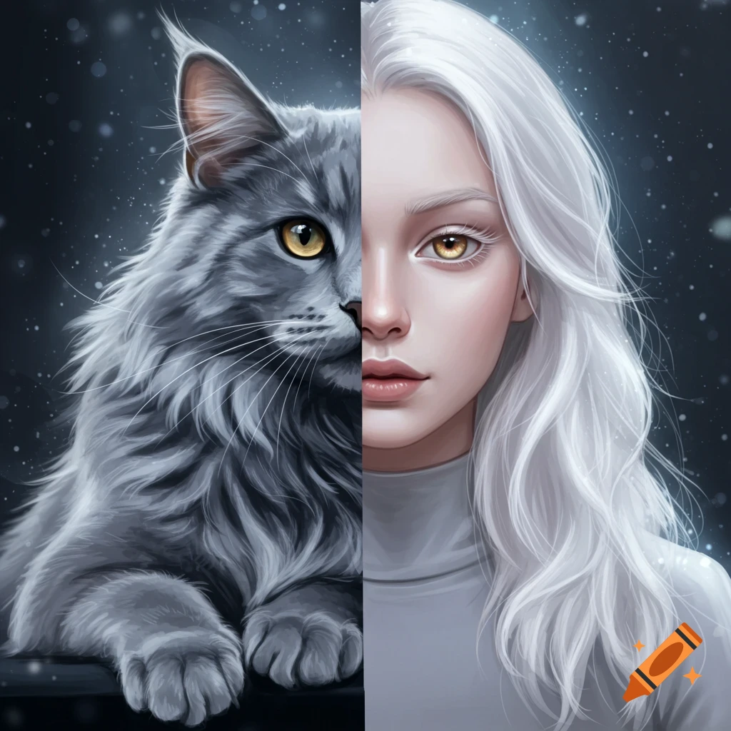 A digital art portrait split down the middle, showing a fluffy grey cat on the left and a pale girl with white hair on the right, both with amber eyes.