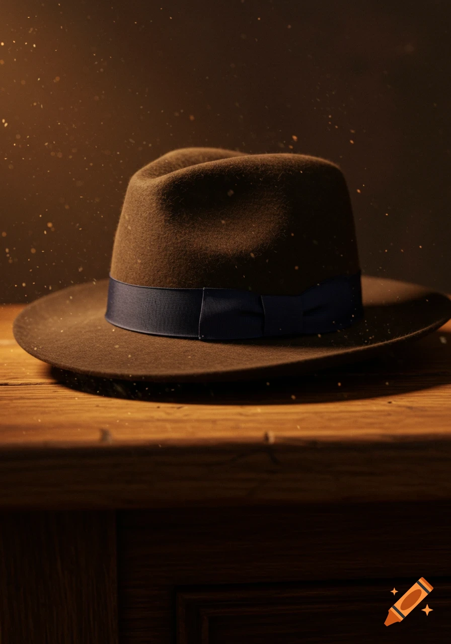 Brown felt fedora with a dark blue ribbon sitting on a wooden table, illuminated by warm light with floating dust particles. Photorealistic style.