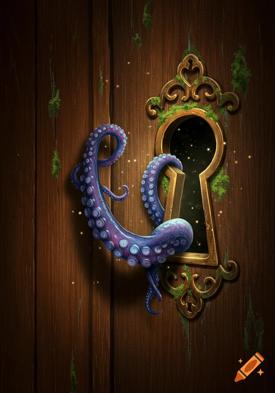 A purple octopus tentacle reaches out of an ornate keyhole on a wooden door, revealing a starry void. Digital art.