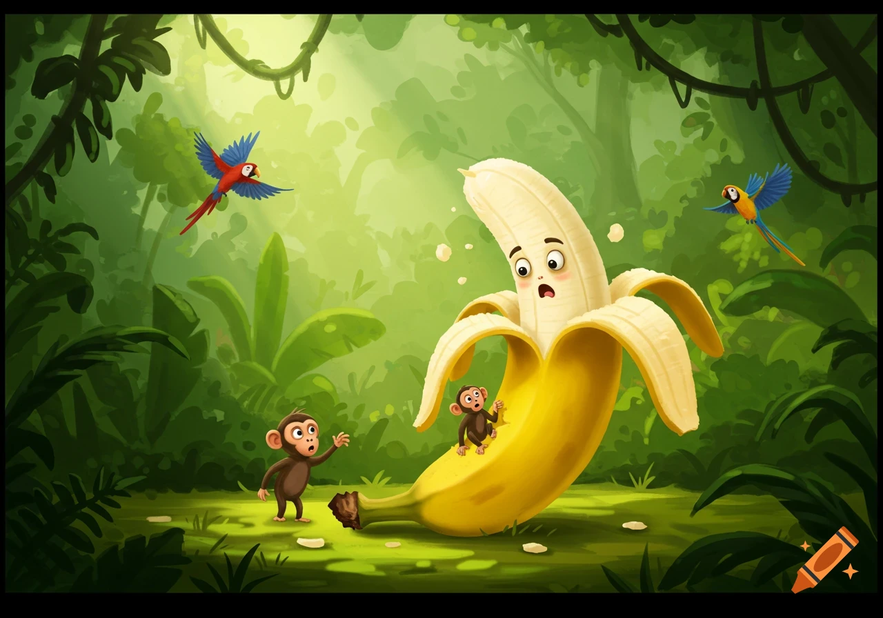 A cartoon peeled banana with a surprised face lies on the ground in a jungle with two monkeys and two parrots.