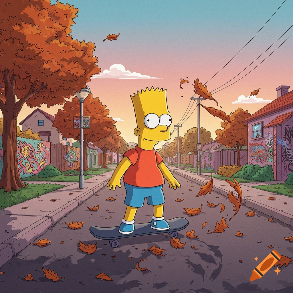 Bart Simpson skateboards down an autumnal suburban street with colorful trees and fallen leaves.