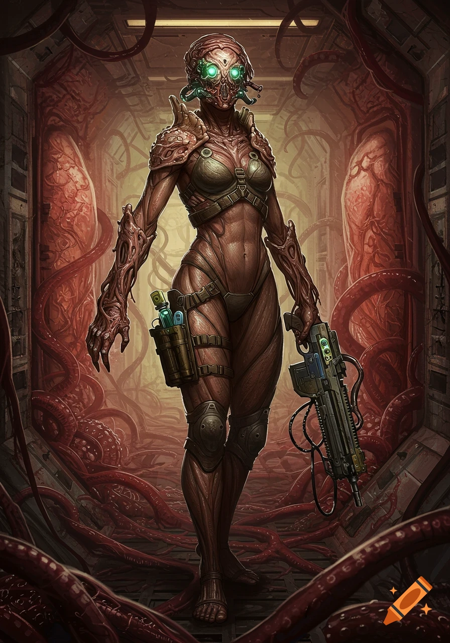A full-body portrait of a grotesque biomechanical female creature in a decaying, fleshy sci-fi corridor, holding a futuristic weapon. Horror concept art style.
