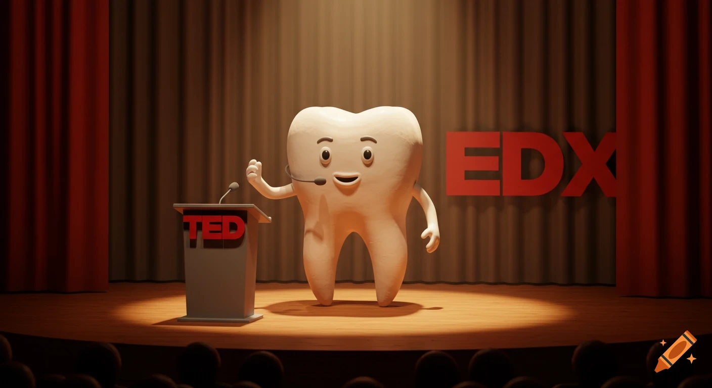 A smiling cartoon tooth character in a headset stands at a podium with 'TED' on it, on a spotlighted stage with a curtain backdrop and 'EDX' in red letters, in a clay animation style.
