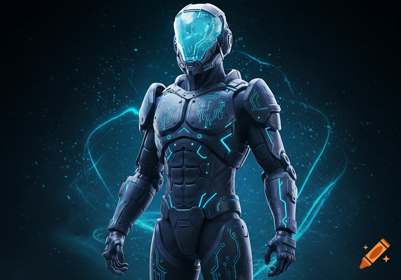 A detailed, futuristic armored cyborg with a glowing blue visor and intricate circuit patterns, standing against a dark, sparkling background.