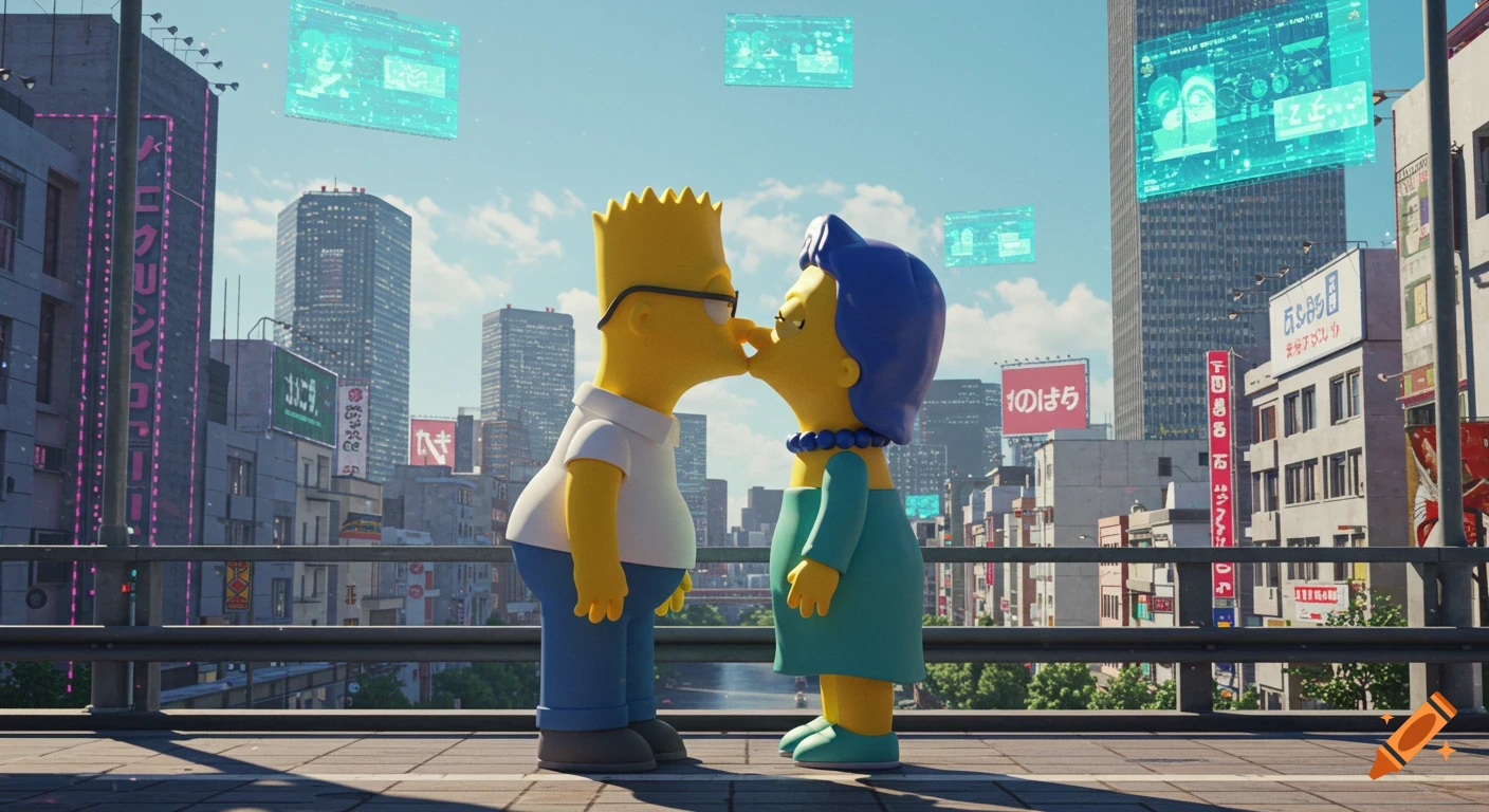 Homer and Marge Simpson kissing on a bridge in a futuristic Tokyo cityscape with holographic screens.