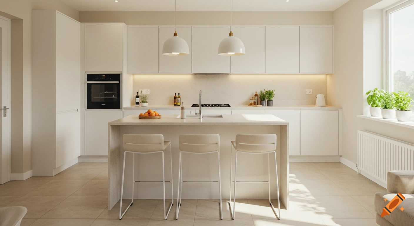 A bright, modern, minimalist kitchen with white cabinetry, light beige tile floors, a central island with three bar stools, and fresh herbs on the windowsill.