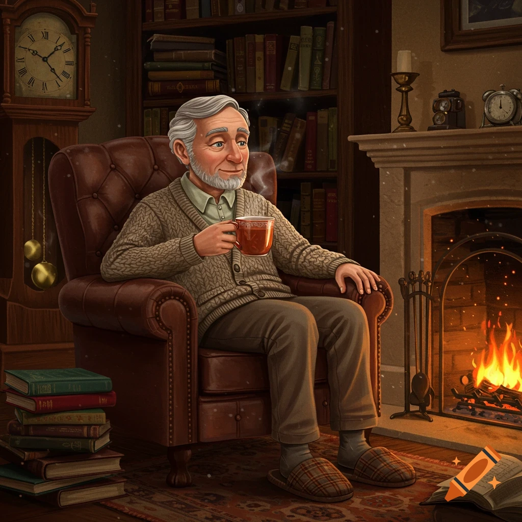 Elderly man with a beard sits in a leather armchair, holding a mug, by a roaring fireplace in a cozy, book-filled room.