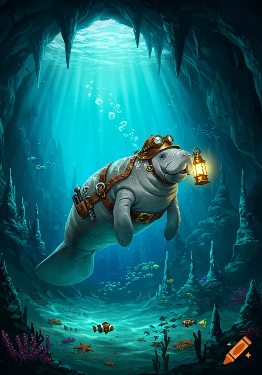 A manatee wearing a steampunk diving helmet and harness, holding a lantern, swimming through an underwater cave with light rays and fish.