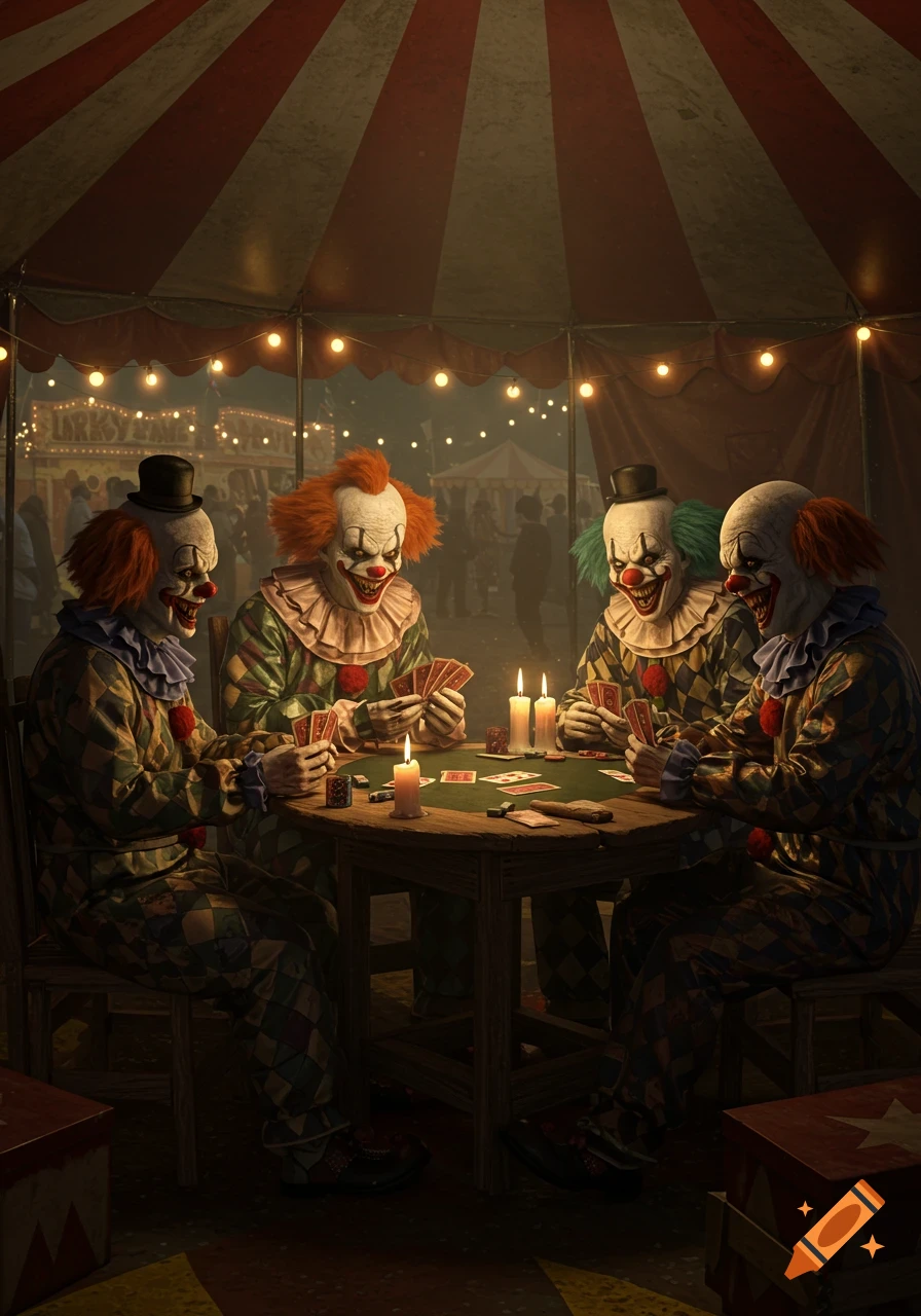 Four creepy clowns play poker under a big top tent at a dark fairground.