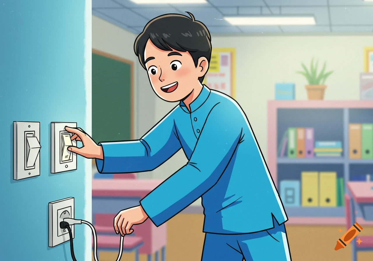 Animated illustration of a young person in a blue outfit turning off a light switch and unplugging a device in a bright classroom.