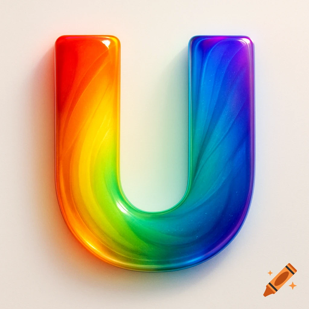A glossy 3D letter U in a vibrant rainbow gradient on a light background.